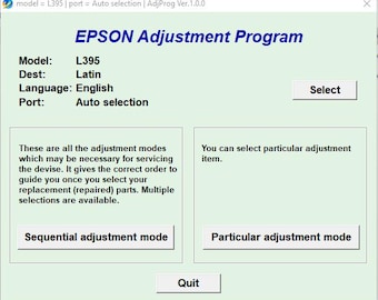 May include: A computer screen displaying the Epson Adjustment Program for the L395 model. The program offers two adjustment modes: sequential and particular. The screen also displays the model, destination, language, and port settings.