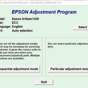 May include: A computer screen displaying the Epson Adjustment Program for the Epson Artisan1430 printer. The program allows users to select sequential or particular adjustment modes. The screen also shows the model, destination, language, and port settings.