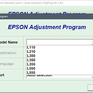 Puede incluir: Una captura de pantalla del programa de ajuste de Epson, una aplicación de software utilizada para ajustar la configuración de la impresora. El programa tiene un menú desplegable para seleccionar el modelo de impresora, el destino, el idioma y el puerto. El programa está en inglés y el texto en la pantalla dice "EPSON Adjustment Program", "Model Name", "Destination", "Language", "Port", "L110", "L210", "L300", "L350", "L355", "L550", "L555", "Auto selection", y "OK".