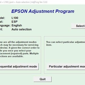 Puede incluir: Una captura de pantalla del programa de ajuste de Epson para la impresora modelo L100. El programa permite a los usuarios seleccionar un modo de ajuste secuencial o particular. El programa está en inglés y el puerto está configurado para la selección automática.