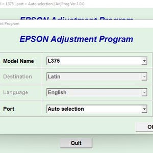 Könnte beinhalten: Ein Screenshot des Epson-Einstellprogramms mit den folgenden ausgewählten Optionen: Modellname: L375, Ziel: Latein, Sprache: Englisch, Port: Automatische Auswahl. Das Programm trägt den Titel "EPSON Adjustment Program" und verfügt über Schaltflächen für "OK" und "Beenden".