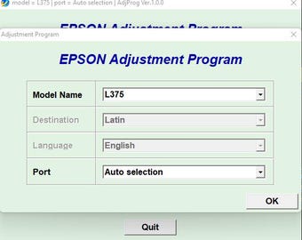 May include: A screenshot of the Epson Adjustment Program with the following options selected: Model Name: L375, Destination: Latin, Language: English, Port: Auto selection. The program is titled "EPSON Adjustment Program" and has buttons for "OK" and "Quit".