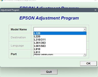 May include: A screenshot of the Epson Adjustment Program window. The window has a drop-down menu for selecting the model name, destination, language, and port. The options include L120, L220, L310/311, L361/363, L561/563, L810, L811, and Auto Selection.