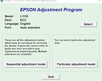 May include: A green screen with the text "EPSON Adjustment Program" in blue. The text "Model: L1110", "Dest: ECC", "Language: English", and "Port: Auto selection" is displayed. There are two buttons labeled "Select" and "Quit".