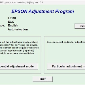 Pode incluir: A interface do software Epson Adjustment Program para o modelo L3110 exibe configurações para destino ECC, idioma inglês e porta de seleção automática. Inclui botões para Select, Sequential adjustment mode, Particular adjustment mode e Quit.
