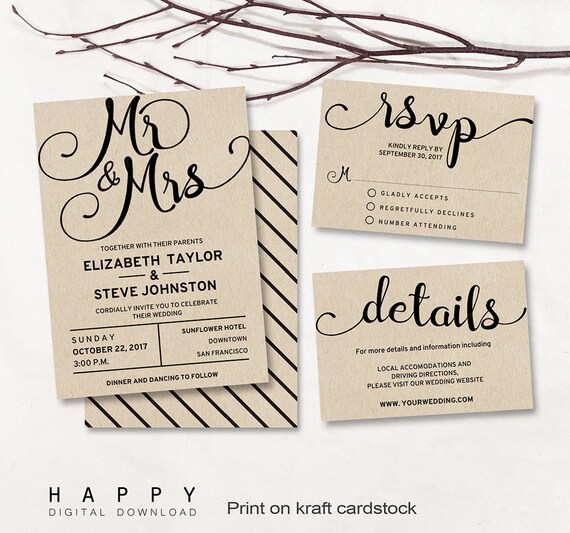 Printable Wedding Invitation Set Editable Modern Wedding Etsy
