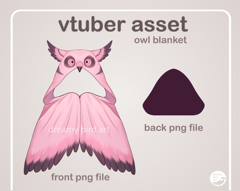May include: Pink owl blanket vtuber asset with front and back PNG files. The front shows a pink owl with a large head and wings. The back is a solid pink triangle.