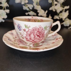 Johnson Brothers Rose Chintz Teacup and Saucer Set Made in England, large roses, vintage tea party/dinnerware, replacement