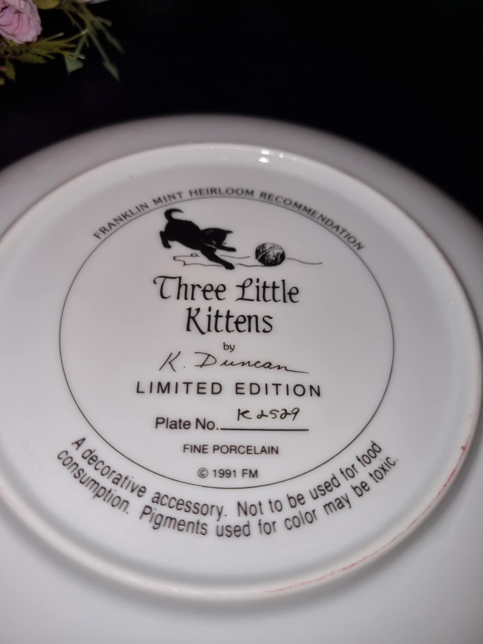 フランクリン・ミント磁器皿「Tree Little Kittens」、K.ダンカン作 