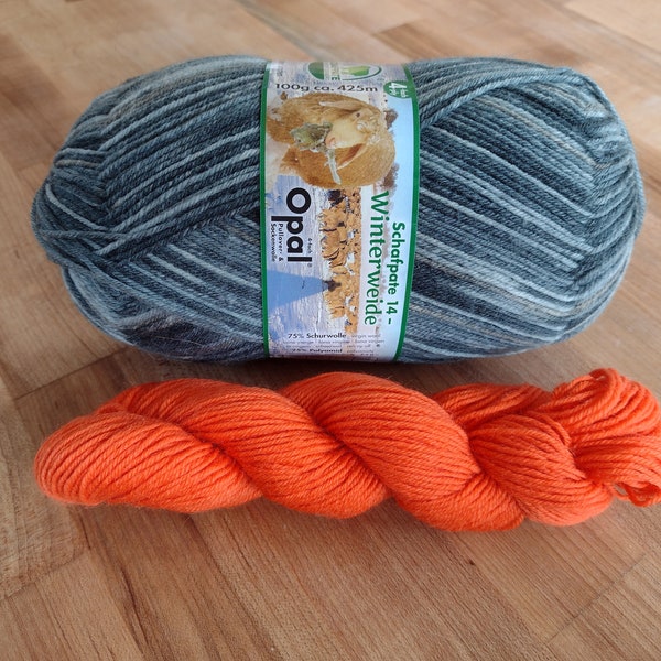 Yarn Set - Opal 4 ply Sock Yarn 100g 11196 Wooly Winter Protection and 20g Mini Skein of Opal Uni Solid 4ply #5181 Orange