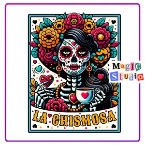 La Chismosa Tarot Karte PNG, lustiges mexikanisches Chisme Sublimationsdesign, spanisches Skelett Chola Catrina Schädel-T-Shirt Becher PNG, POD-Produkte
