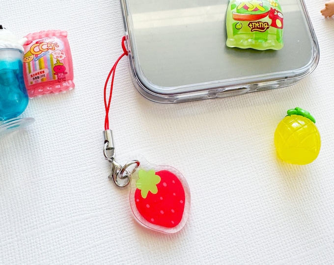 Strawberry Acrylic Phone Charm Keychain with Double Sided Epoxy