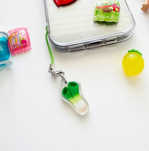 Green Onion Leek Acrylic Phone Charm Keychain with Double Sided Epoxy