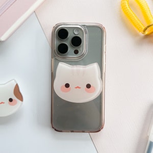 Cute Cat Gray Tabby Mascot Acrylic Phone Grip with Epoxy, Griptok, Phone Holder | Tabby PekoPuff