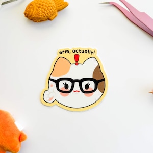 Puede incluir: Una pegatina troquelada con un gato de dibujos animados con gafas y el texto "erm, actually!". El gato tiene pelaje blanco con manchas marrones y naranjas, con gafas de montura negra. La pegatina está sobre una superficie blanca.