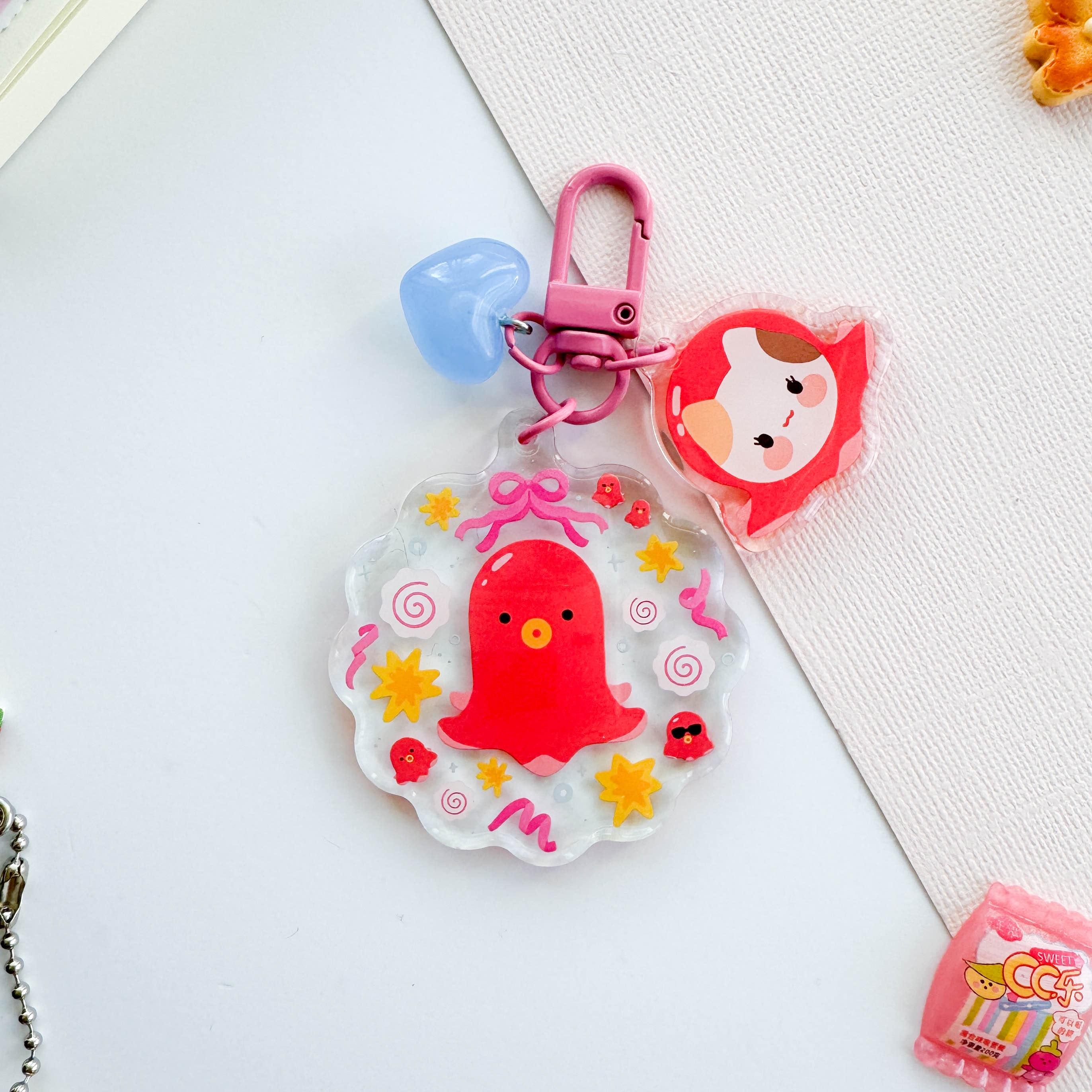 Tako Octopus Hot Dog Trinket Acrylic Keychain with Cat Charm & Heart Bead – Cute Gift for Cat Lovers