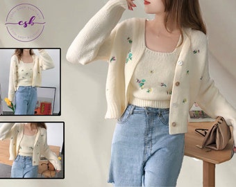 2Stk/Set Floraler Strick-Cardigan, Sommer-Cardigan, süßes besticktes Blumen-Slip-Top, lässiger Cardigan, gestrickter Cardigan, Damen-Cardigan