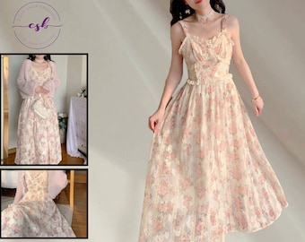 Vestido de hadas de encaje floral rosa francés, vestido floral vintage, vestido de princesa dulce, vestido de núcleo de cabaña, vestido de verano, vestido de fiesta, vestido de mujer