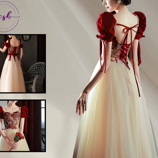 Vintage Court Rose Tulle Prom Dress,French Puff Sleeve Princess Dress,Party Dress,Wedding Dress,School Dance Dress,Women Dress,Gown Dress