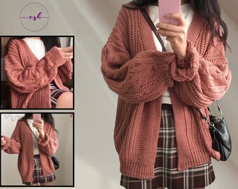 Pure Color Long Sleeve Twisted Knitted Cardigan,Fall Winter Cardigan,Oversized Knit Sweater,Open Front Sweater Cardigan,Women Knit Cardigan