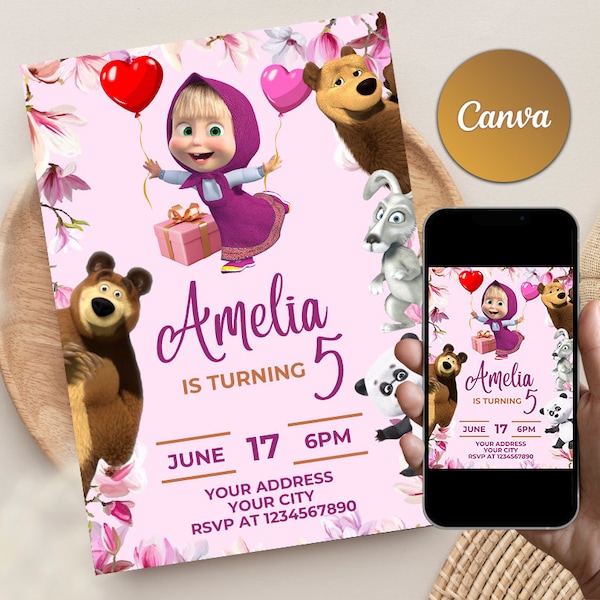 Masha and The Bear Birthday Invitation | Masha Birthday Party Invite | Editable Printable Invitation | Editable Canva Template