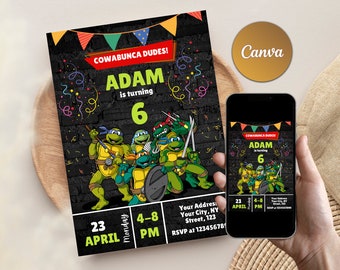 Editable Turtle Birthday Invitation | Ninja Invite, Turtle Evite, Canva Template | DIGITAL Editable Printable Invite | Instant Download