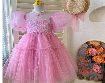 Robe longue rose en tulle à paillettes pour fille 1-10 ans, robe de fête d'anniversaire fille brillante, robe de fête de mariage