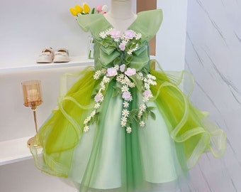 1-10Y Girls Green Flower Prom Tulle Dress, Daughter Green Foral Prom Gown, Photo Shoot Dress