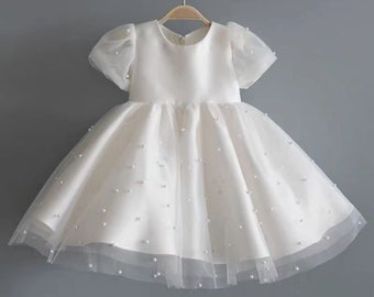 Robe de mariée blanche perlée pour bébé fille 1-10 ans, 1er anniversaire de bébé, robe de mariée blanche