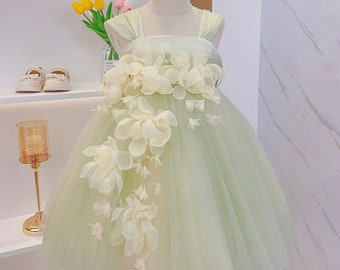 1-10Y Baby Girls Light Green Flower Tulle Dress, 1st Baby Birthday Dress, Daughter Green Summer Dress