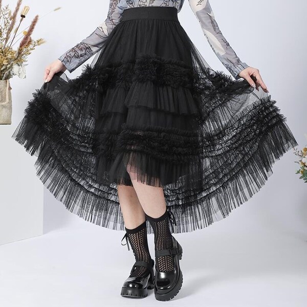 Black High Low Tulle Long Skirt, Black Ruffle Long Skirt, Summer Long Skirt, Birthday Party Skirt