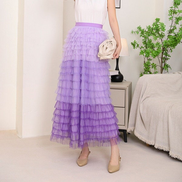 Purple Ruffle Tulle Maxi Long Skirt, Gradient Violet Layered Long Skirt, Lavender Long Skirt, Birthday Party Skirt