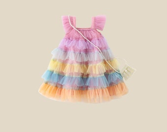 Robe en tulle superposé à volants arc-en-ciel pour bébés 1-10 ans, robe de fête pour 1er anniversaire de bébé, robe d'anniversaire pour fille