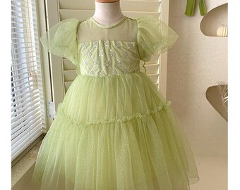 Robe longue en tulle à paillettes vertes pour fille 1-10 ans, robe de fête d'anniversaire vert citron brillant, robe verte pour fille, robe d'été pour bébé fille