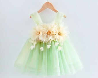 1-10Y Baby Girls Green Summer Flower Tulle Dress, 1st Baby Birthday Party Dress, Birthday Party Dress