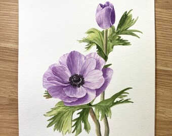 紫のアネモネの水彩画：花のアートプリント - Etsy 日本