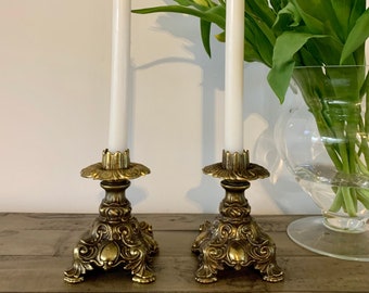 Vintage 1970s Pair of Ornate Cast Brass Candleholders by L&L WMC