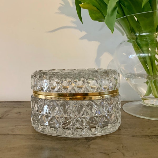 Stunning Vintage Cut Crystal Oval Jewelry Casket Hinged Box