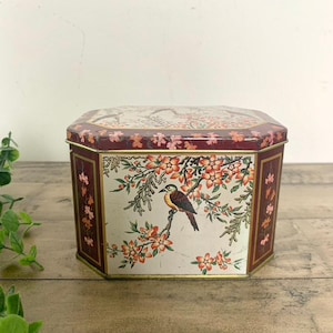 Vintage Meister Tin Can With Lid Octagon Bird And Flowers Made in Brazil