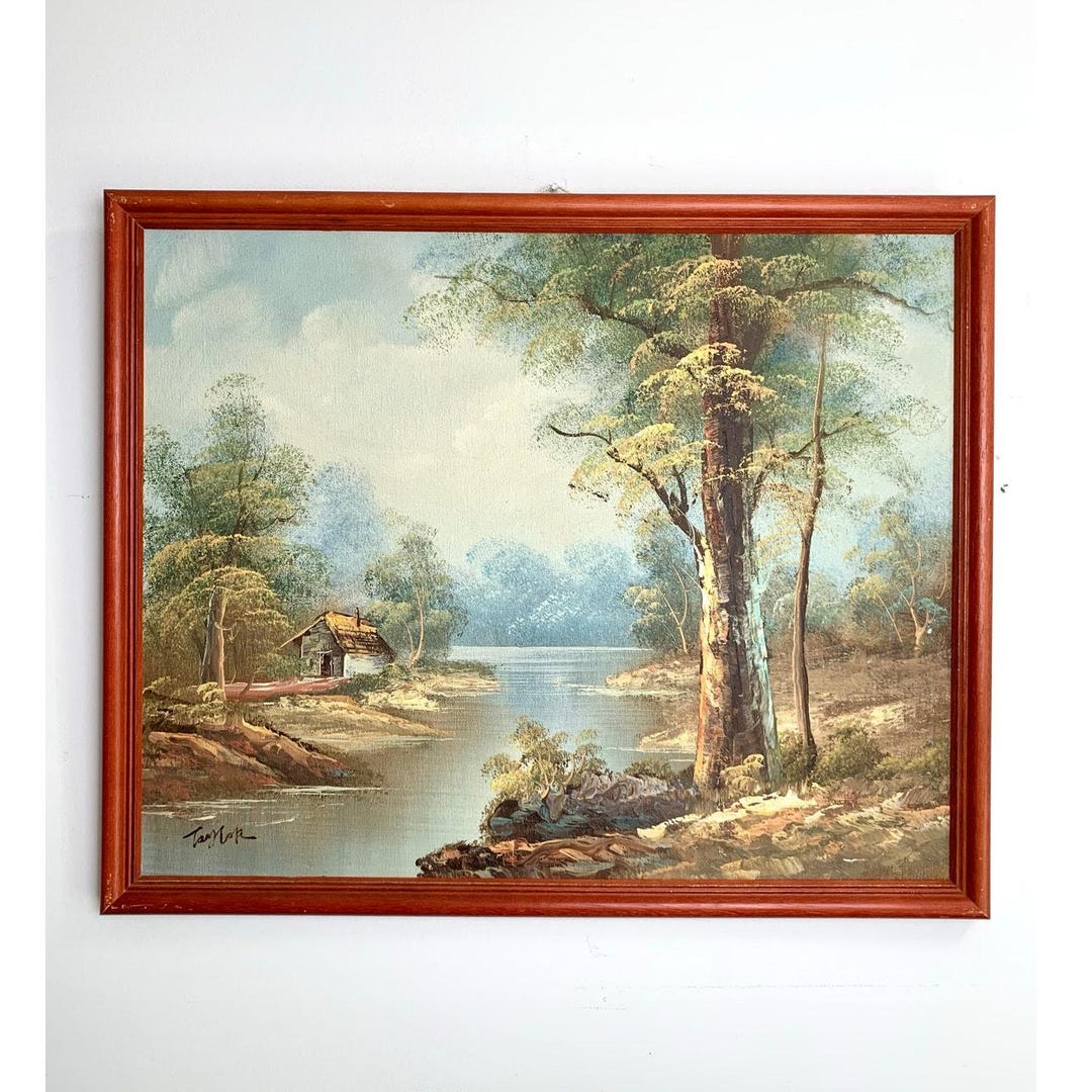 Vintage Riverside Landscape Oil Painting by Taylor Signed Framed Nature ...
