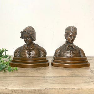 Antique Bronze Patina Dutch Couple Bookends – Folk Art Bust Pair