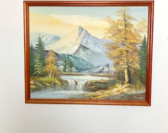 Vintage Oil Painting Signed Framed Mountain Landscape Nature Cottagecore Art Mid Century