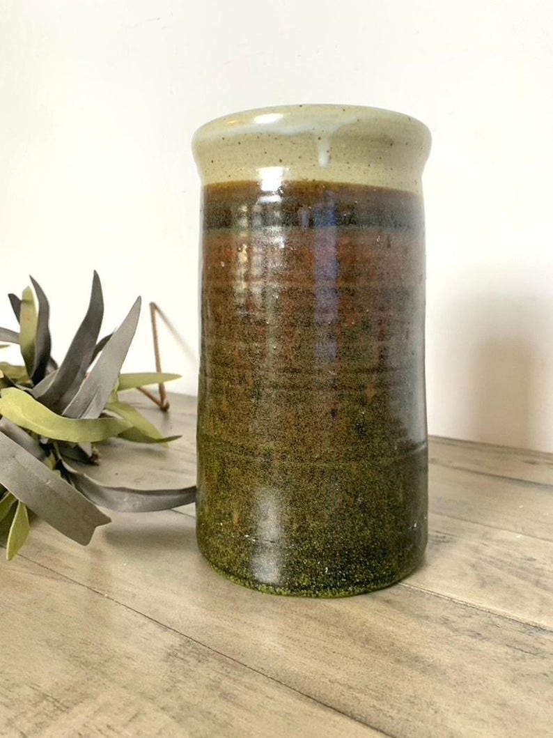 Vintage Studio Pottery Stoneware Vase with Drip Glaze Earthy Cottagecore Rustic image 1
