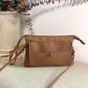 Brown Faux Leather Double Zip Crossbody Bag Purse Minimalist Neutral Casual Boho