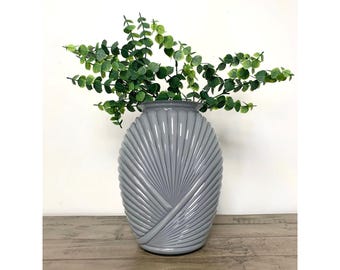 Vintage Anchor Hocking Gray Ribbed Art Deco Vase 1980s 9.5 Inch Cottagecore