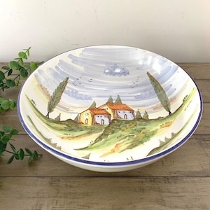 Hand Painted Italian Landscape Bowl Deruta Pottery 10.875"