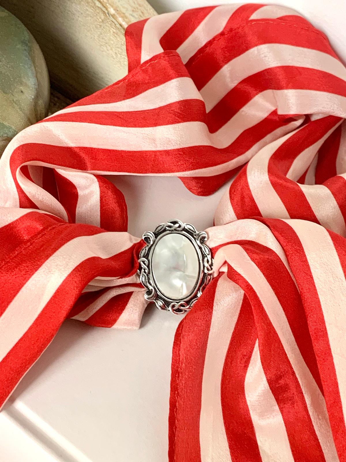Vintage West Germany Mother of Pearl Scarf Clip Ornate Silver Tone Oval