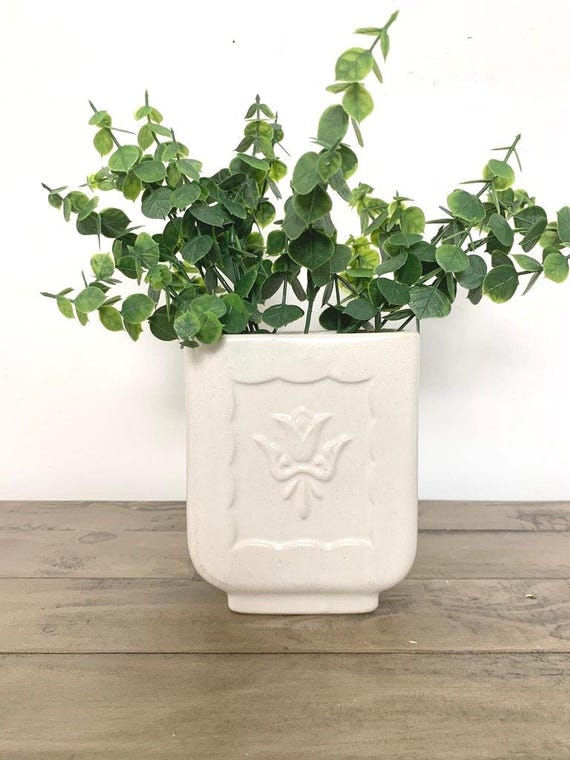 Vintage White Ceramic Planter Vase with Raised Floral Motif Cottagecore Neutral Pot