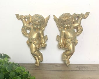 Vintage 1970 Burwood Co Cherub Angel Wall Plaques – Gold & Verdi Accents