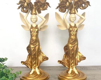 Vintage Art Nouveau Style Winged Women Candelabra Pair Gold Figural Fairy Candle